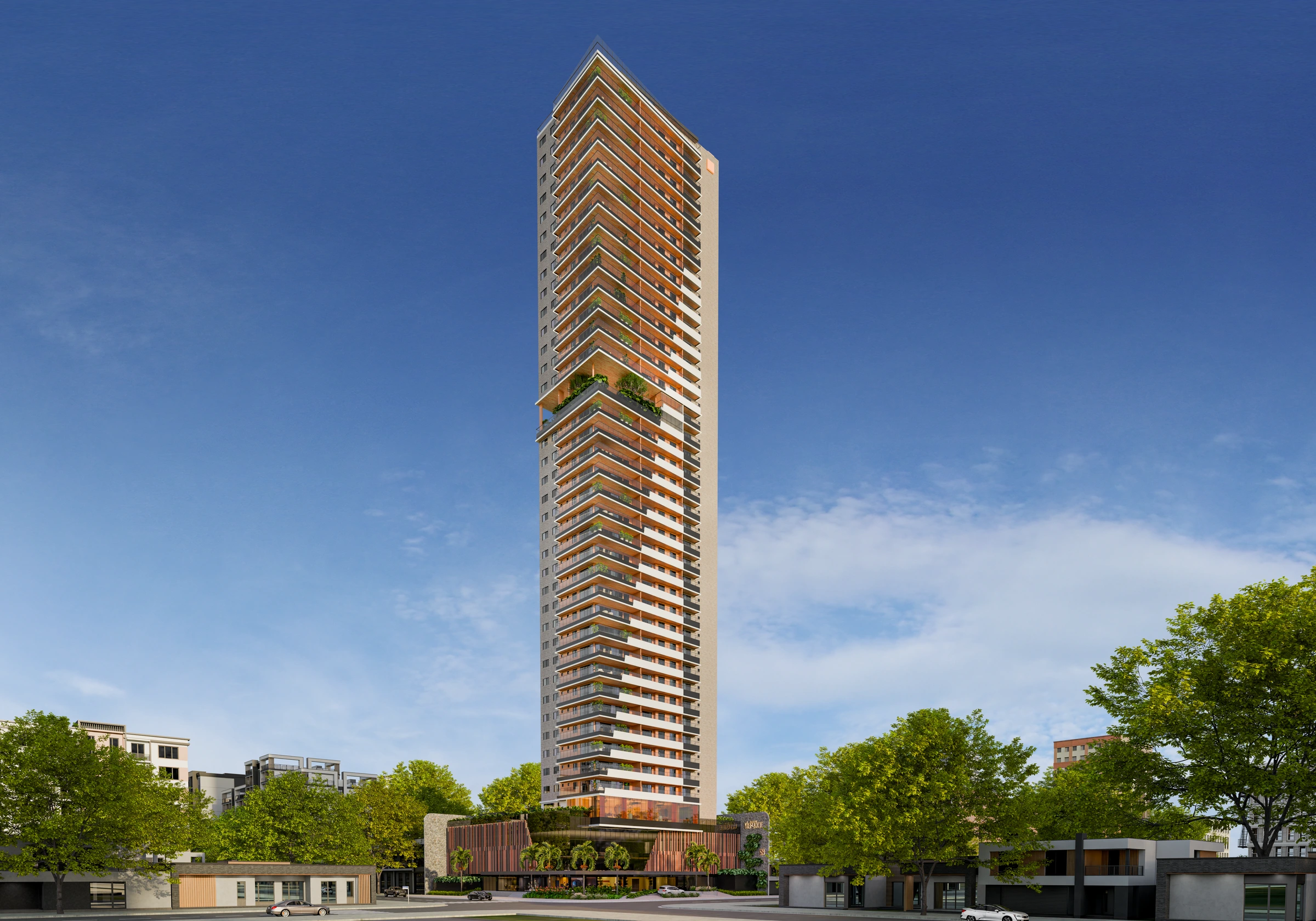 Fachada - Torre Vértice. Perspectiva ilustrativa do material da construtora.