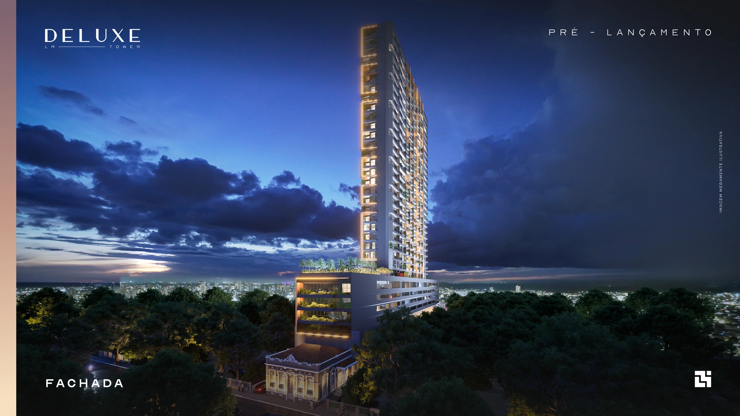 Fachada - Deluxe LM Tower. Perspectiva ilustrativa do material da construtora.